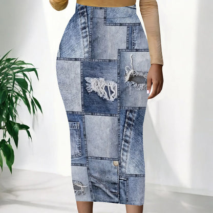 Womens Long Cotton Patchwork Stretch Denim Skirt a Line Flared Jean Maxi Skirt
