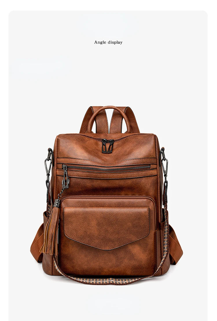 Backpack for Women Large Womens Backpack Leather Travel Fashion Purse Designer Ladies Shoulder Bags with Tassel Two-toned Brown