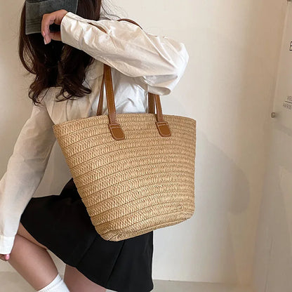 Women Braided Basket Clutches Top-handle Bag Large Straw Portable Shoulder Bag Summer Beach Party Purses Shopper Satchel Female