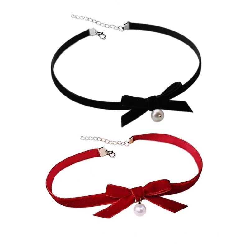 Elegant Bowknot Necklace Pearls Beads Pendant Clavicle Chain Velvets Bows Collarbone Chain Ornament for Women Girls