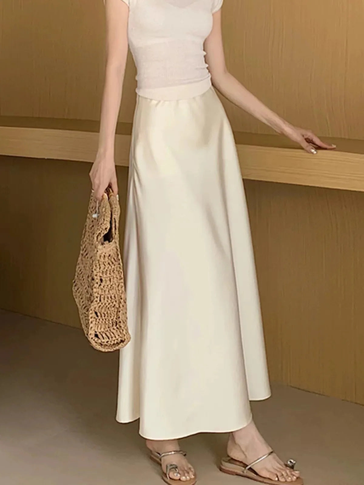 Long Skirts for Women High-waisted Thin Satin Acetate Silky Fishtail Skirt Korean Fashion Clothing Elegant Women's A-line Skirt