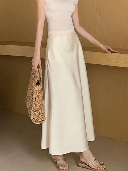 Long Skirts for Women High-waisted Thin Satin Acetate Silky Fishtail Skirt Korean Fashion Clothing Elegant Women's A-line Skirt