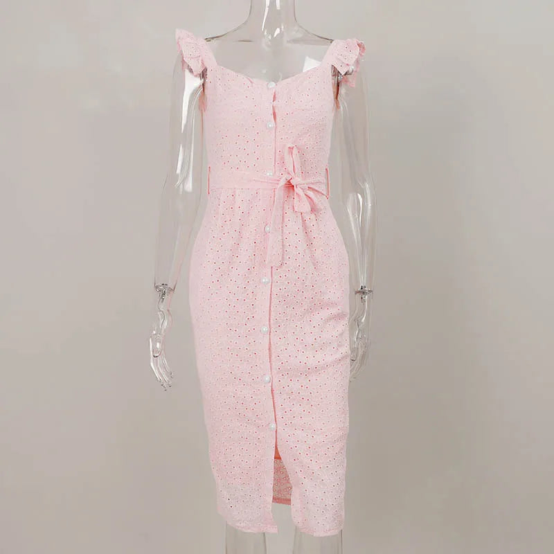 Women White Dress Lace Up Sexy Midi Vestidos Ruffles Sleeveless Bodycon Female Dresses 2022 Buttons Belt Elegant Ladies Clothes