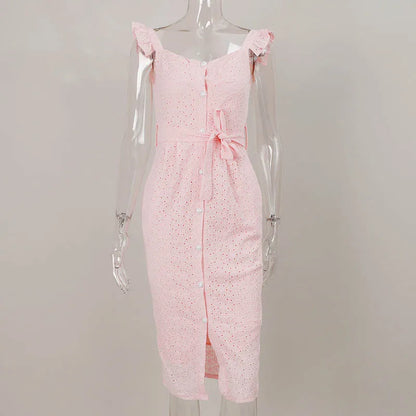 Women White Dress Lace Up Sexy Midi Vestidos Ruffles Sleeveless Bodycon Female Dresses 2022 Buttons Belt Elegant Ladies Clothes