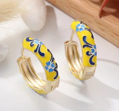 New Fashionable Colorful Round Earrings Retro Metal Enamel Floral Ear Accessories Unique Party Jewelry Gift for Women