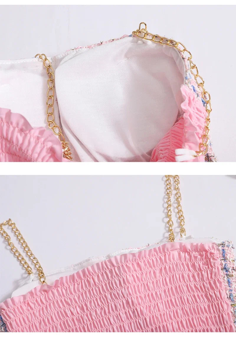 Women Summer Tweed Chain Chic Tank Tops Buttons Off Shoulder with Bra Pad Crop Tops Pleated Sexy Backless Sleeveless Sweet Camis