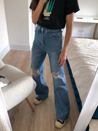 MiuKoMiYa Ripped Jeans For Women 2023 Streetwear Straight Denim Pants High Waist Long Denim Trousers Women Hollow Out Jeans