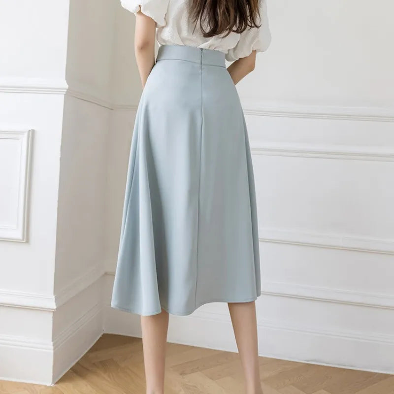 Women's Skirts High Waist Sweet Girl's Mid-calf Skirt Solid Skirts for Women Vintage Long Fashion 2023 Kawaii Summer Women Skirt