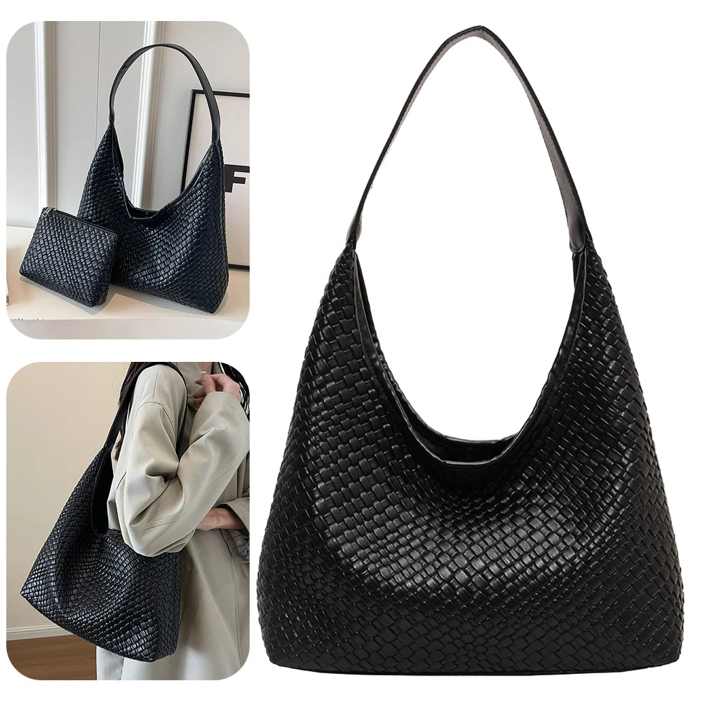 Women Large Shoulder Bag with Pouch Top Handle Bag Trendy PU Woven Tote Bag Leather Armpit Handbag Commuting Bag