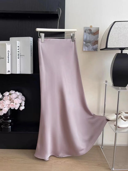 Long Skirts for Women High-waisted Thin Satin Acetate Silky Fishtail Skirt Korean Fashion Clothing Elegant Women's A-line Skirt