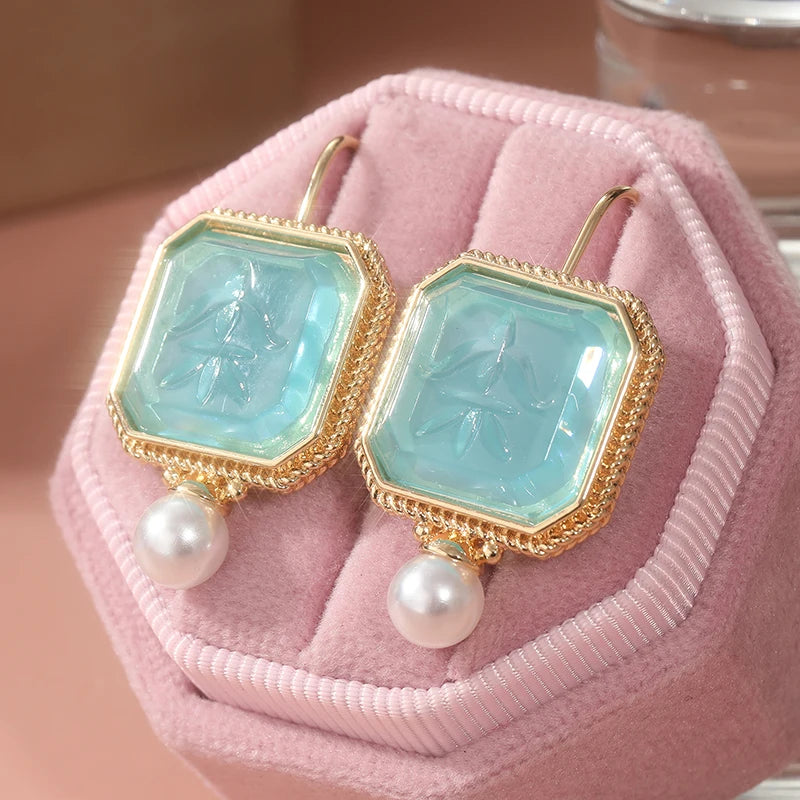 Intaglio Earrings, Blue Earrings, Vintage Jewelry, Imitation Pearl Earrings, Art Deco Earrings, Dainty Earrings, Gift for Mom