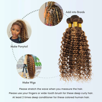 4/27 Bundles Brazilian Hair Bundles Highlight Honey Blonde Human Hair Bundle Weave Double Weft Deep Wave Virgin Hair Weaves