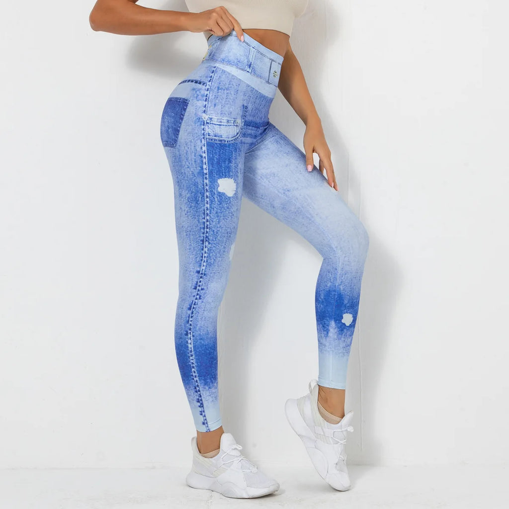 Push Up Yoga Pants Women Fitness Leggings Imitation Jeans Patchwrok Scrunch Tights High Waist Leggings Gym Workout Sport Leggins
