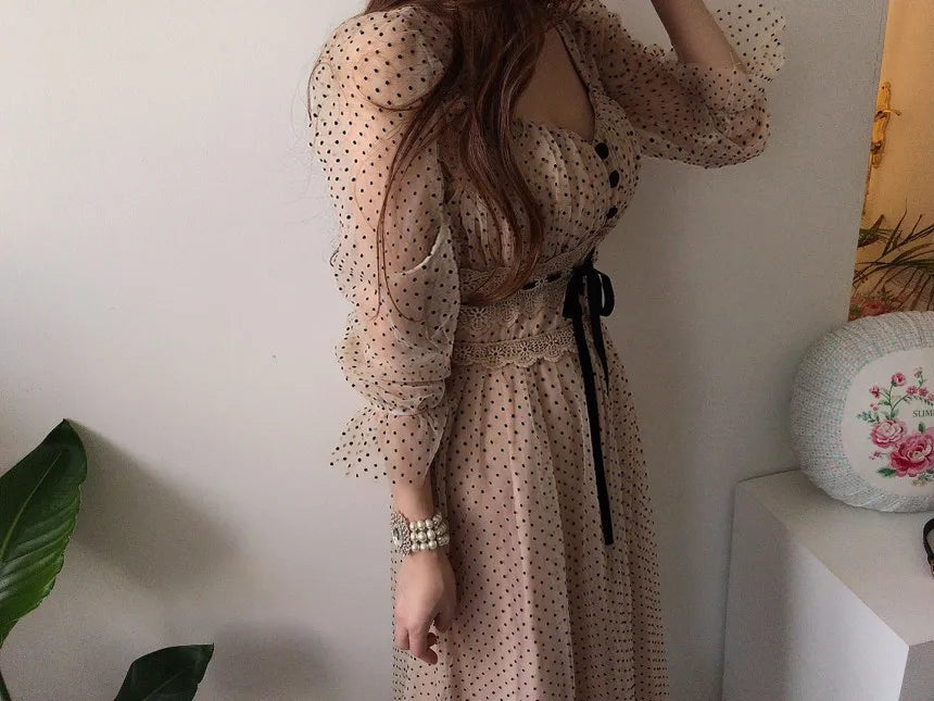 Women Clothing Vestidos Vintage Dress Elegant Square Neck High Waisted Lace Organza Polka Dot Dresses Chic Summer 2025 Slim
