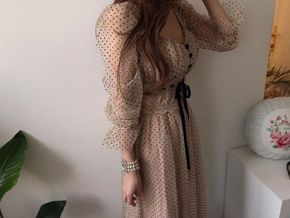 Women Clothing Vestidos Vintage Dress Elegant Square Neck High Waisted Lace Organza Polka Dot Dresses Chic Summer 2025 Slim