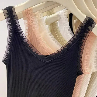 2025 Women Summer Fashion Thin Knitted Undershirt Sleeveless Corset Top Half High Neck Comfortable Breathable Lace Tank Top New