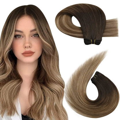 Moresoo Human Hair Bundles Weave in Double Wefted Machine Remy Hair Balayage Hair Pieces for Women Straight Weft Hair Extension