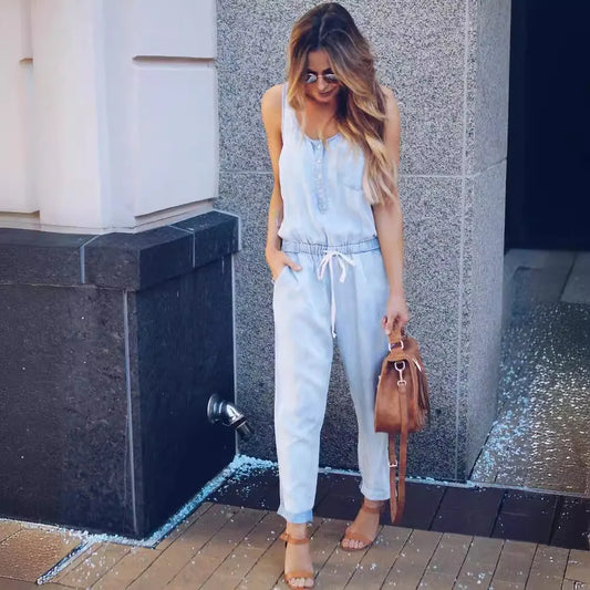 Women's Summer Jeans Jumpsuit V Neck Sleeveless Vest Waist Slim Fashion Drawstring Denim Long Jumpsuit Lady Vest