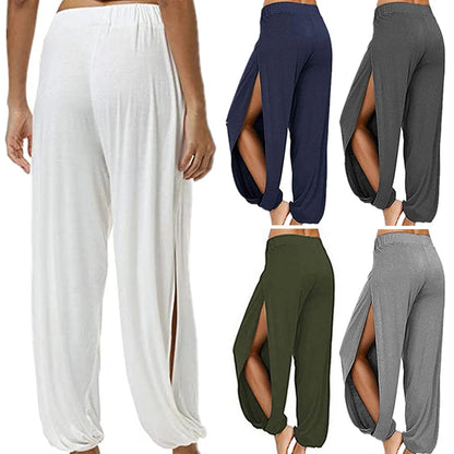 Women Sports Yoga Pants Summer High Slit Haren Pants Solid Loose Hippie Harem Wide Leg Pants Trousers