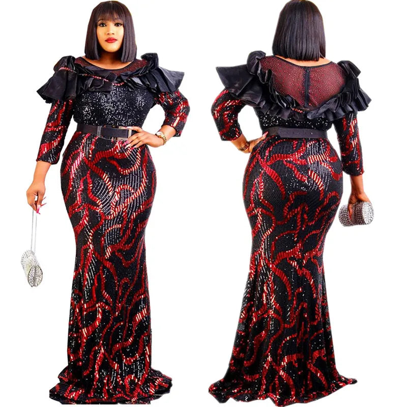 African Dresses For Women 2022 Lady Elegant Glittering Evening Dress Sparkle Sequin Sexy Sheath Maxi Party Gowns Come With Belt