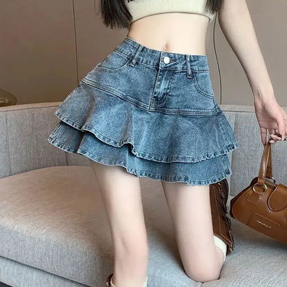 Korean Fashion Women Denim Short Skirts Summer 2025 Streetwear All Match Ruffles Mini Skirt Stretch Jean High Waist Cake Skirt