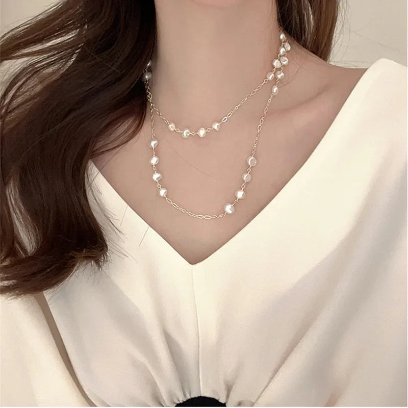 Exquisite Pearl Necklaces Long Neck Chain for Women Vintage Jewellery Romantic Korean Fashion Necklace Trendy Jewelry