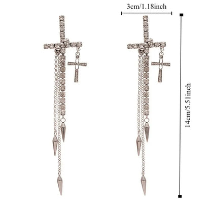 Inlaid Rhinestones Cross Earrings Exquisite Fashion Long Tassels Dangle Earrings Exaggerate Temperament Ear Stud Girls