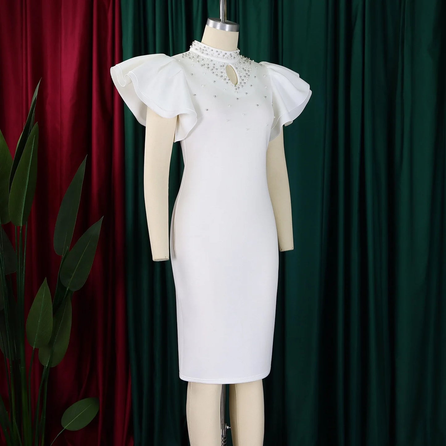 Elegant Dresses for Women O Neck Ruffles Sleeve Beaded Sheath Package Hips Mid Calf Luxury Birthday Party Dinner Vestidos Mujer