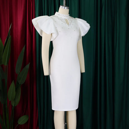 Elegant Dresses for Women O Neck Ruffles Sleeve Beaded Sheath Package Hips Mid Calf Luxury Birthday Party Dinner Vestidos Mujer