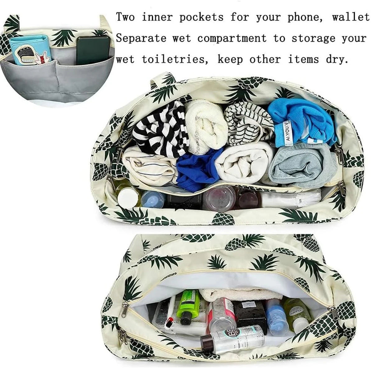 Beach Tote Bag Women，Foldable Travel Bag with Anti-Sand Pocket Lightweight Storage Bag for Gym/Shopping Packable in Carry-On