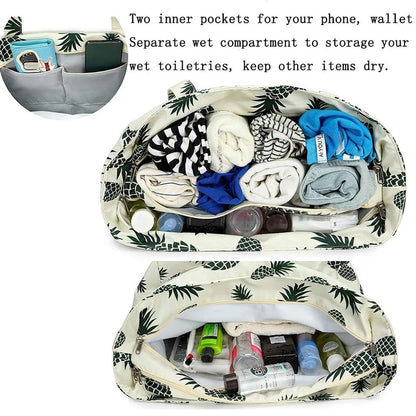 Beach Tote Bag Women，Foldable Travel Bag with Anti-Sand Pocket Lightweight Storage Bag for Gym/Shopping Packable in Carry-On