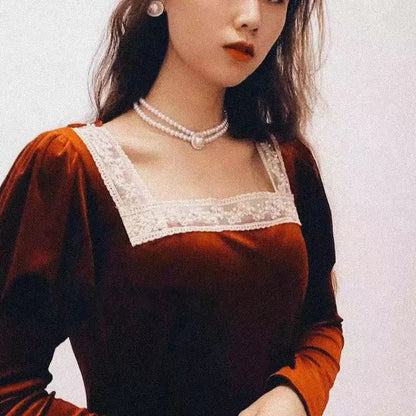 Women Elegant Pearl Double Layers Necklace Earrings Exquisite Vintage Classic Chains For Lady Party Wedding Retro Jewelry Choker