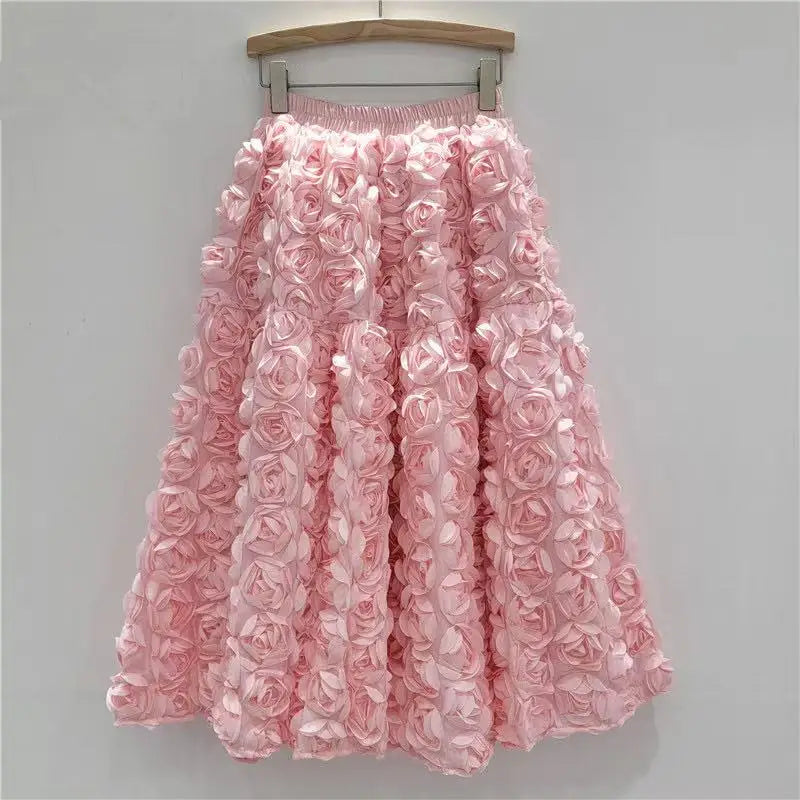 Skirt for Women 2025 Summer Versatile Three Dimensional Flower Mid-calf Skirt High Waist Big Swing Fashion A-line Long Skirts
