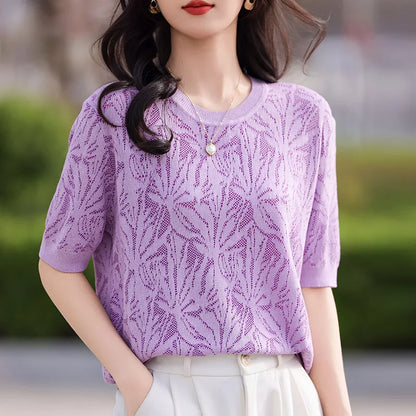 T-shirt Women Tops Summer 2025New Clothing Body O-neck Half Sleeve Tees Shirt  Solid Color Maple Leaf Pattern Casual Fashion Top