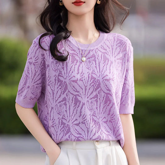 T-shirt Women Tops Summer 2025New Clothing Body O-neck Half Sleeve Tees Shirt  Solid Color Maple Leaf Pattern Casual Fashion Top