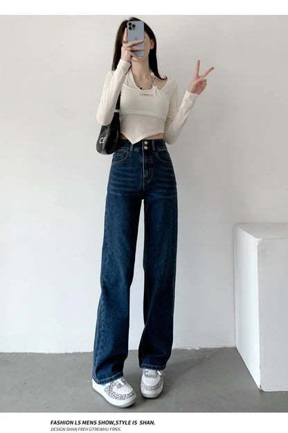 Women's Jeans Autumn High Waist Loose Straight Denim Pants Black Blue Fashion Korean Street Stretch Soft Comfortable Trousers