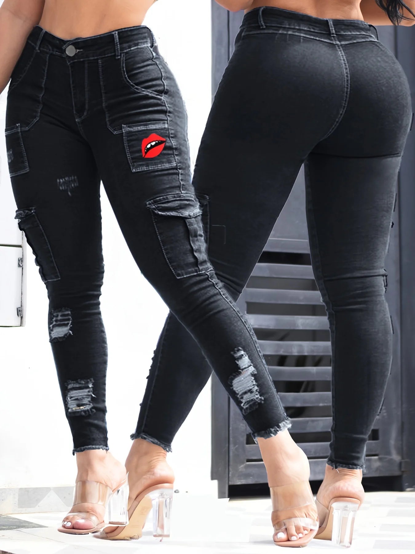 Women's Blue Elastic Jeans With Waist And Hip Lift Tight Little Fee Hairy Edges Sexy Overalls Multi-pocket Pants Lipstick Print