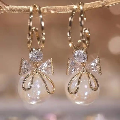 Sweet Earrings High End Feeling Pearl Bow Earrings Diamond Studded Earrings Fashionable Temperament Earrings And Earrings