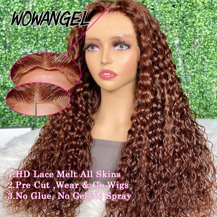 WOWANGEL Reddish Brown Pre Cut Glueless Wig Human Hair Ready To Wear 5x5 HD Lace Closure Water Wave Curly Wigs Wear To Go