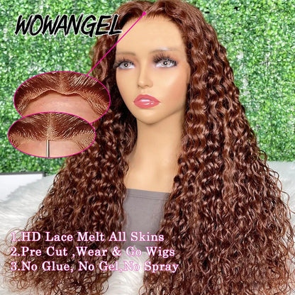 WOWANGEL Reddish Brown Pre Cut Glueless Wig Human Hair Ready To Wear 5x5 HD Lace Closure Water Wave Curly Wigs Wear To Go