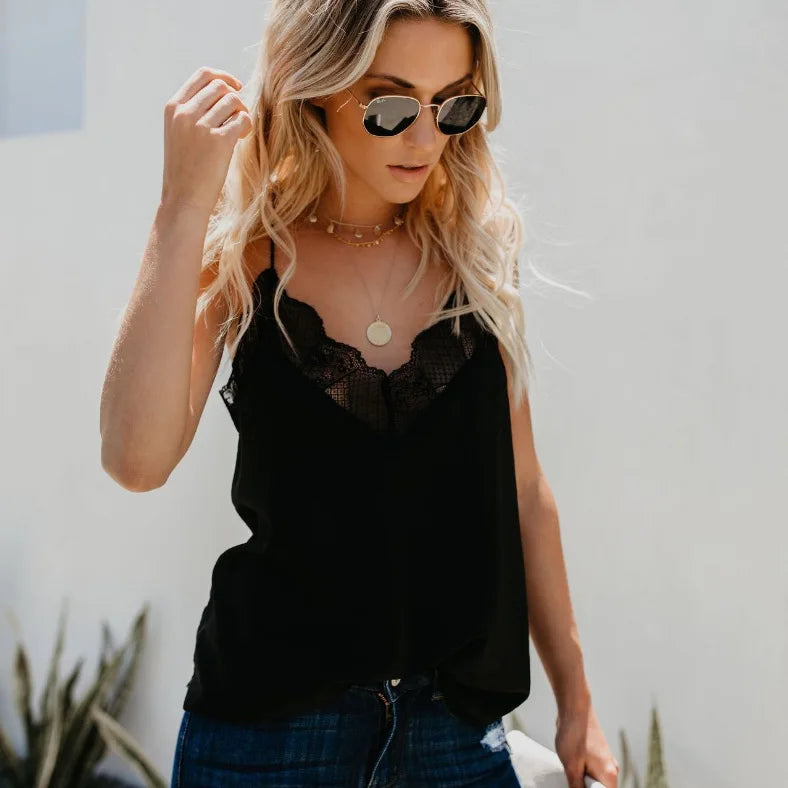 Women Tops  Elegant Tank Top Tube Top Silk Satin Camisole Plain Strappy Vest Tops Sleeveless Blouse French Tuning Delicate Lace