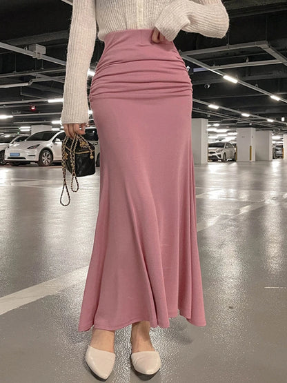 Shirring Satin Skirts for Women High Waisted Skirt 2025 Women A-Line Elegant Skirts Summer Pink Midi Skirt New Korean Style