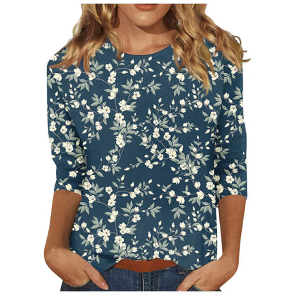 2024 Women Summer Tops Comfortable T Shirt Fashion Flower Print Round Neck 3/4 Sleeve Tops Soft Versatile Pullover Ropa De Mujer