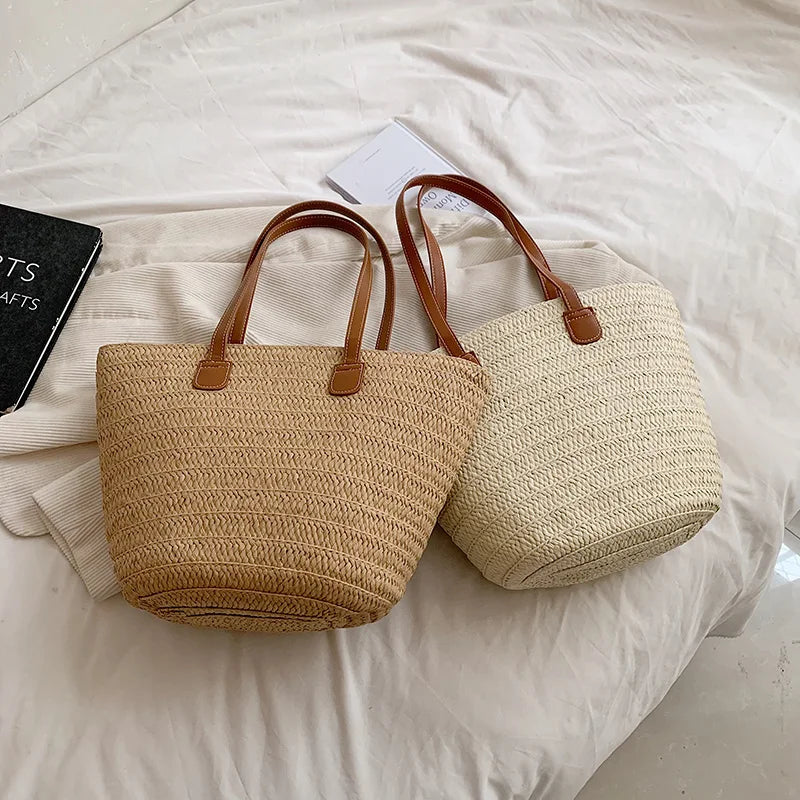 Women Braided Basket Clutches Top-handle Bag Large Straw Portable Shoulder Bag Summer Beach Party Purses Shopper Satchel Female