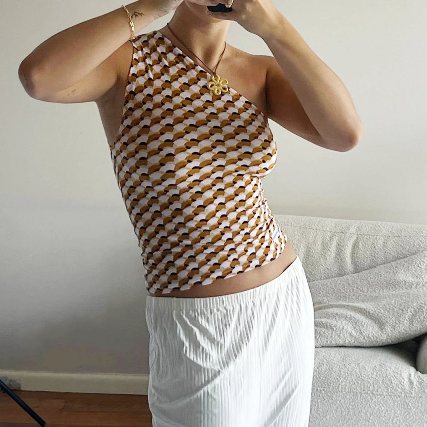 Women's Fashion One Shoulder Tops Slim Flower Print Slash Neck Backless Sleeveless Crop Shirt for Summer