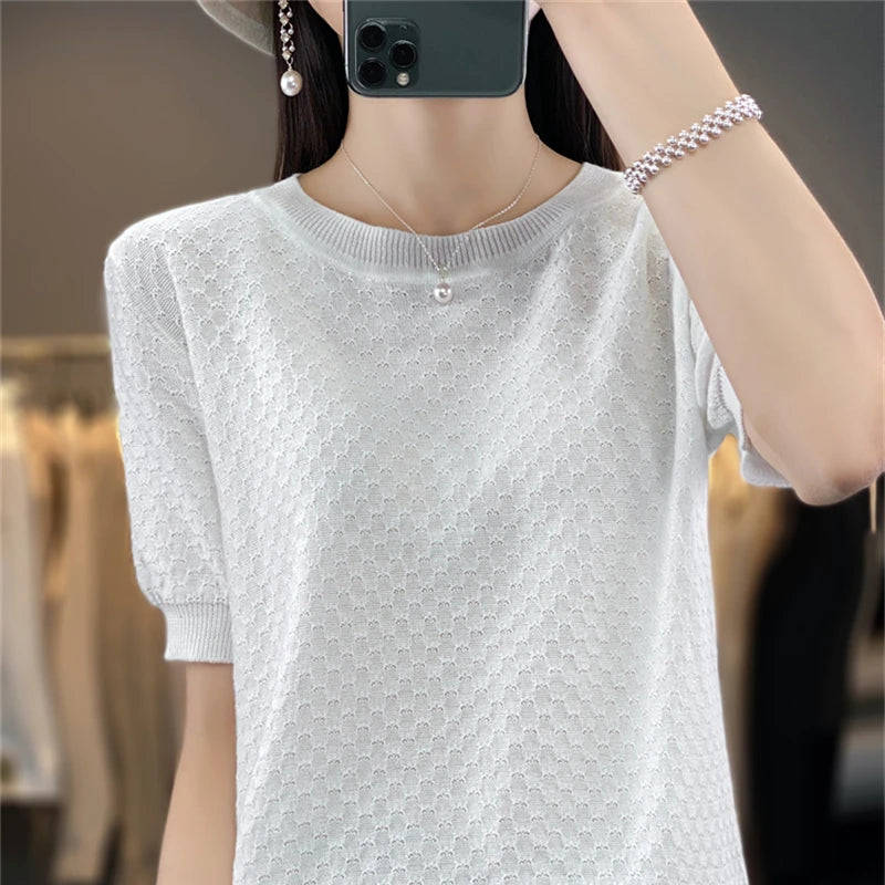 Women's T-shirt Summer 100% Cotton Sweater Short Sleeve Solid Color Round Neck Ladies Tops Loose Blouse Basic Pullover Tees