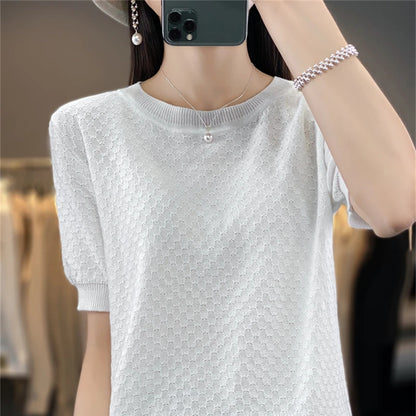 Women's T-shirt Summer 100% Cotton Sweater Short Sleeve Solid Color Round Neck Ladies Tops Loose Blouse Basic Pullover Tees
