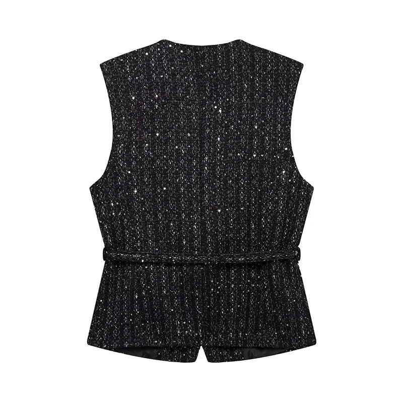 Women's Tweed Waistcoat With Belt, O Neck, Sleeveless, Front Button, Female Outerwear, Chic Tops, Fashion