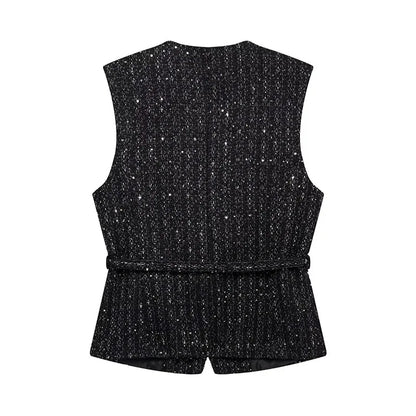 Women's Tweed Waistcoat With Belt, O Neck, Sleeveless, Front Button, Female Outerwear, Chic Tops, Fashion