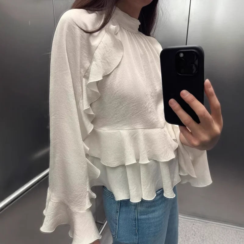 Woman 2025 Tops Ruffle Long Sleeve Top Elegant Womens Blouses Cropped Plain Shirts Beautiful Women's Blouses Vestidos Boho Dress